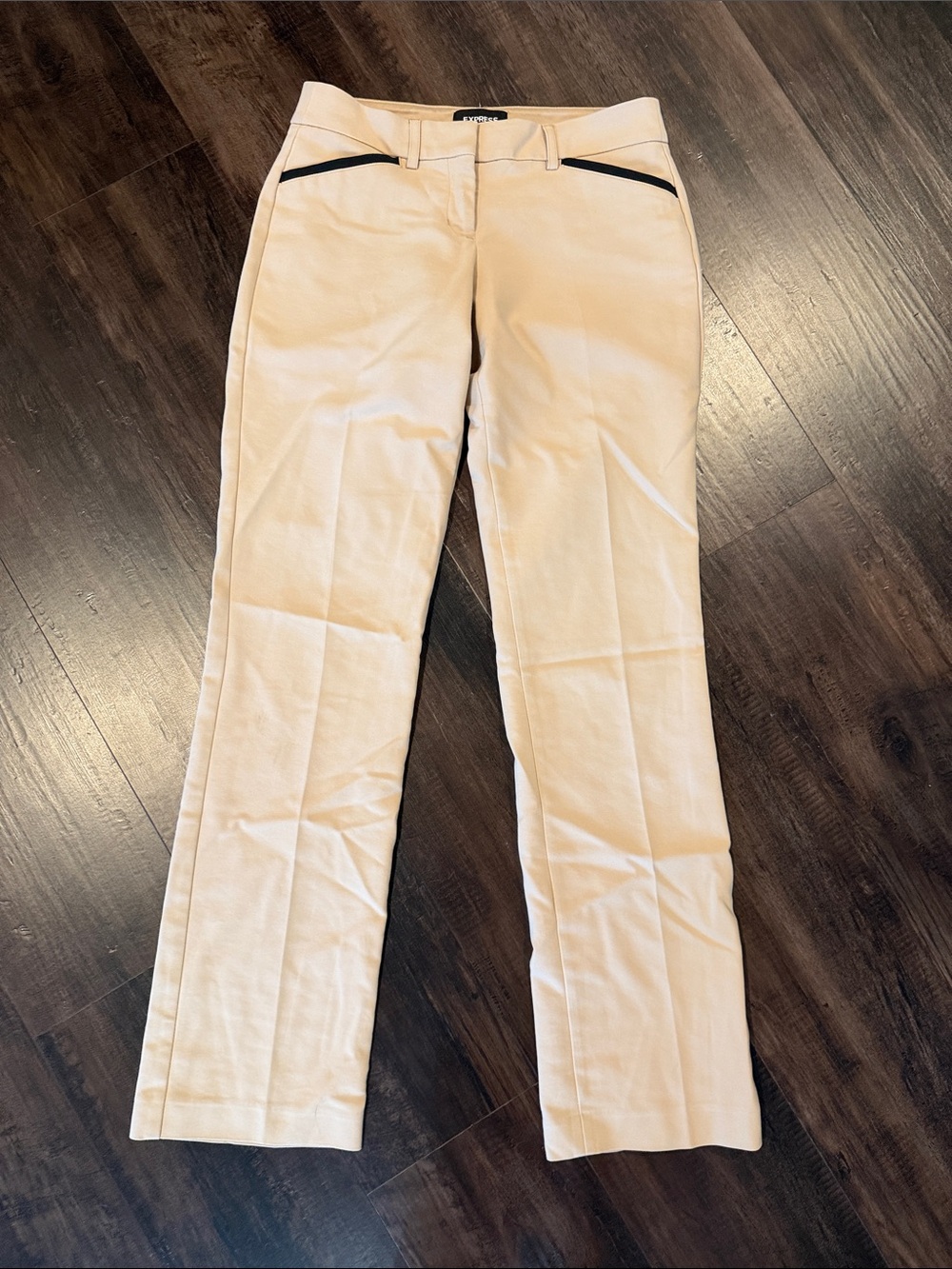 Express Beige Straight-Leg Trousers with Black Trim